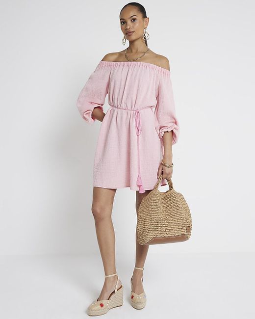 River Island Pink Textured Belted Bardot Mini Dress