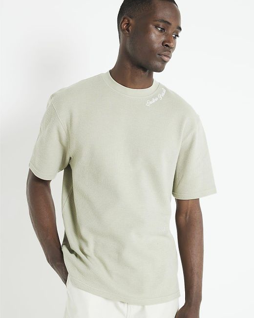 River Island White Oversized Textured Embroidered T-shirt for men