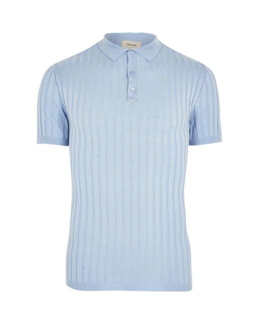 River Island Light Blue Muscle Fit Ribbed Knit Polo Shirt for men