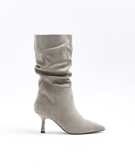 River Island Gray Suedette Slouch Heeled Boots