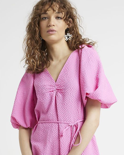 River Island Pink Puff Sleeve Belted Textured Dress