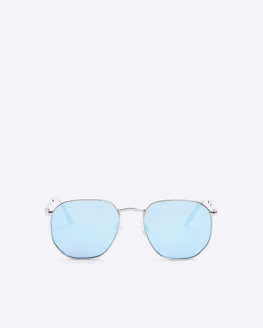 River Island Blue Silver Textured Hexagon Sunglasses for men