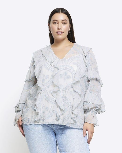 River Island White Plus Blue Embroidered Frill Blouse