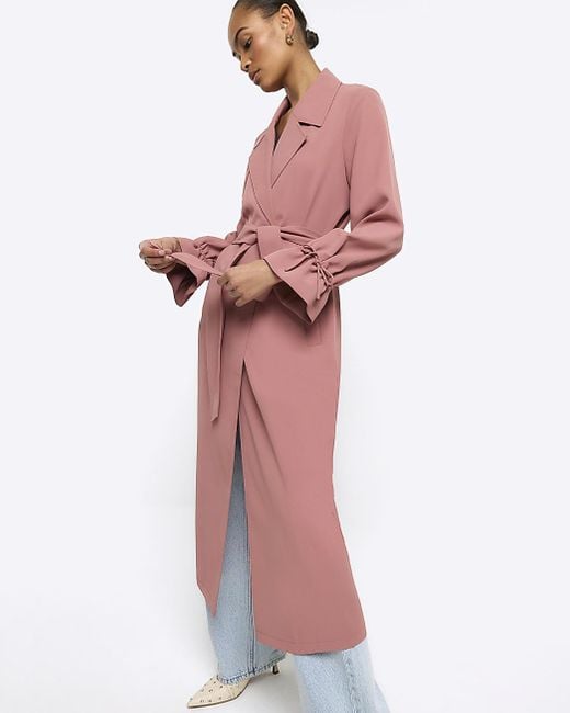 River Island Pink Tie Cuff Belted Duster Coat