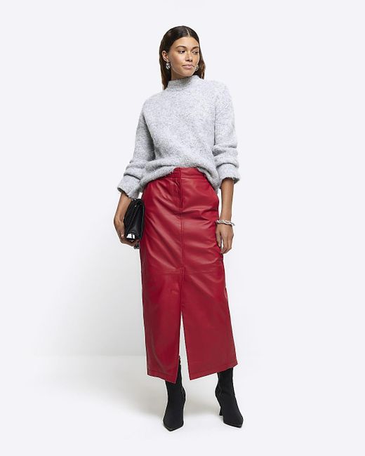 River Island Red Leather Midi Skirt