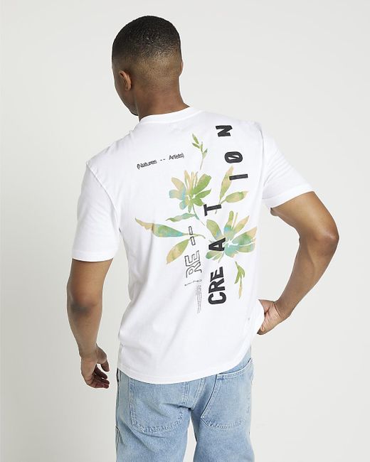 River Island Blue Beige Regular Fit Floral Graphic T-shirt for men