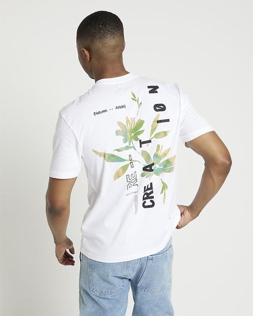 River Island Blue Ecru Regular Fit Floral Graphic T-shirt for men