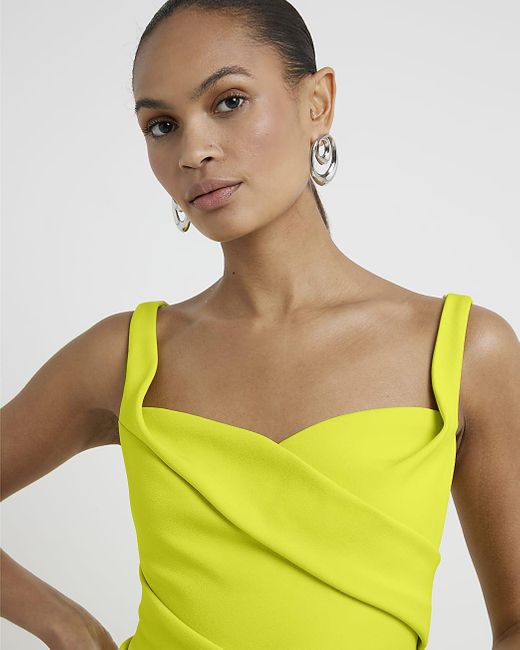 River Island Yellow Green Ruched Open Back Bodycon Midi Dress