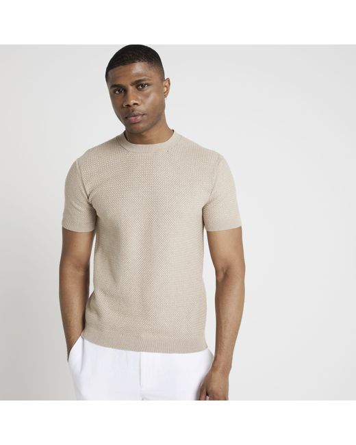 River Island Natural Beige Slim Fit Textured Knitted T-shirt for men