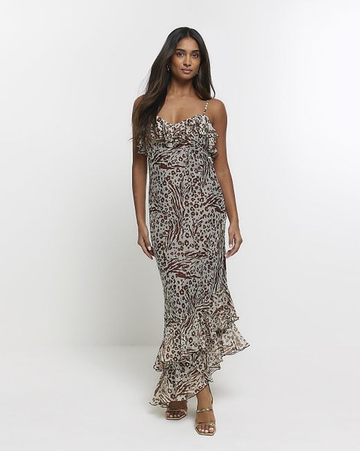 River Island White Leopard Print Frill Slip Maxi Dress