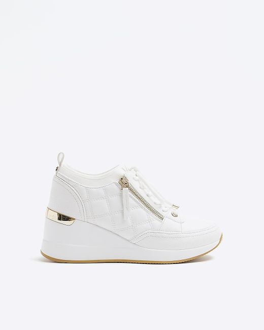 River Island White Wide Fit Quilted Zip Wedge Trainer