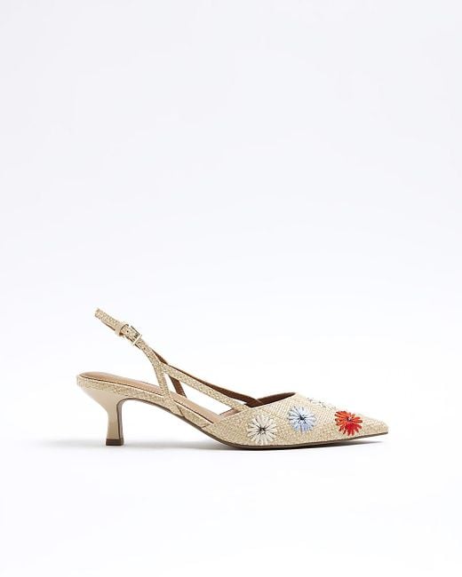 River Island White Beige Embroidered Heeled Sling Back Shoes