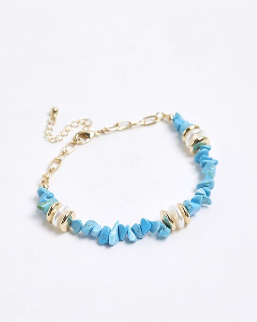 River Island Blue Chipping Stones And Pearl Anklet