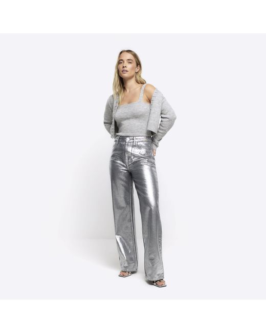 River Island White Silver High Waisted Straight Coated Jeans