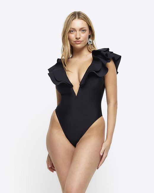 River Island Blue Frill Plunge Swimsuit