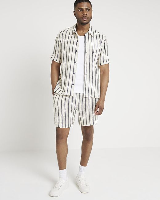 River Island White Beige Regular Fit Crochet Stripe Shorts for men