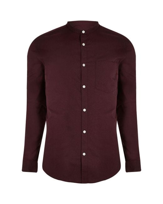 River Island Purple Burgundy Grandad Collar Oxford Shirt Burgundy Grandad Collar Oxford Shirt for men