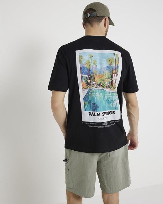 River Island Black Regular Palm Springs Graphic T-shirt for men