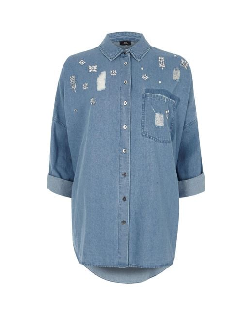 River Island Blue Jewel Embellished Distressed Denim Shirt | Lyst UK
