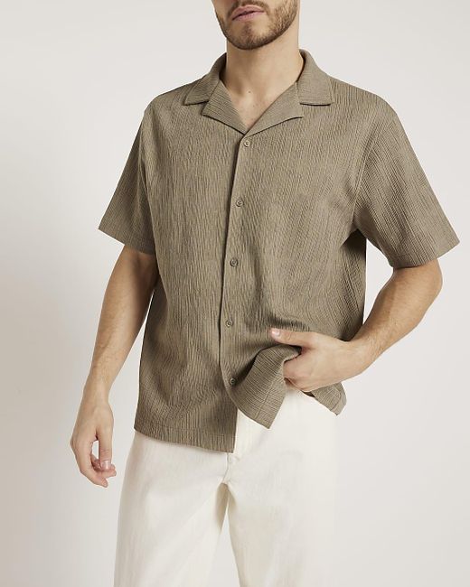 River Island Natural Khaki Regular Fit Plisse Revere Shirt for men