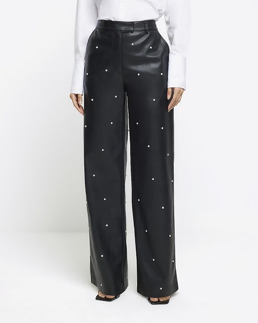 River Island White Black Faux Leather Pearl Detail Trousers