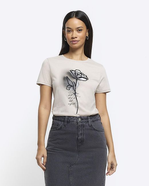 River Island White Beige Embroidered Floral T-shirt