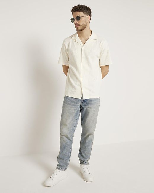 River Island White Beige Regular Fit Revere Plisse Shirt for men