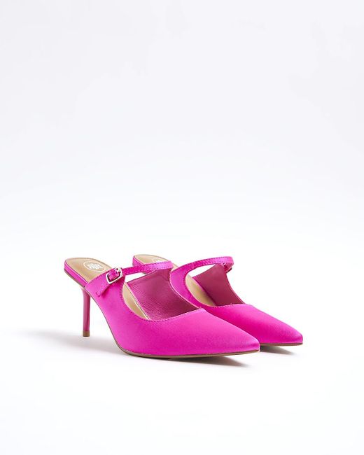River Island Pink Satin Mary Jane Heeled Mule Shoes