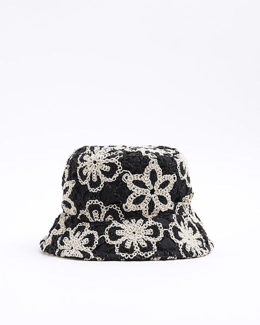 River Island Black Crochet Floral Bucket Hat