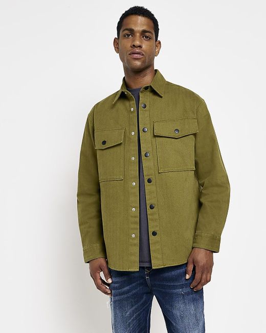 River Island Cotton Green Oversized Fit Twill Shacket for Men | Lyst