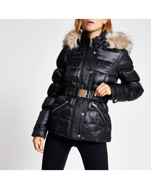River Island Synthetic Quilted Faux Fur Hood Belted Jacket in Black - Lyst