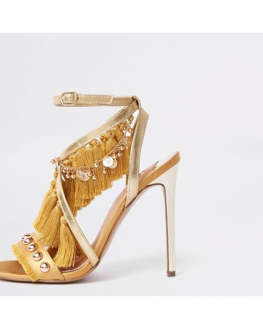 River Island Gold Tone Fringe Tassel High Heel Sandals in Metallic