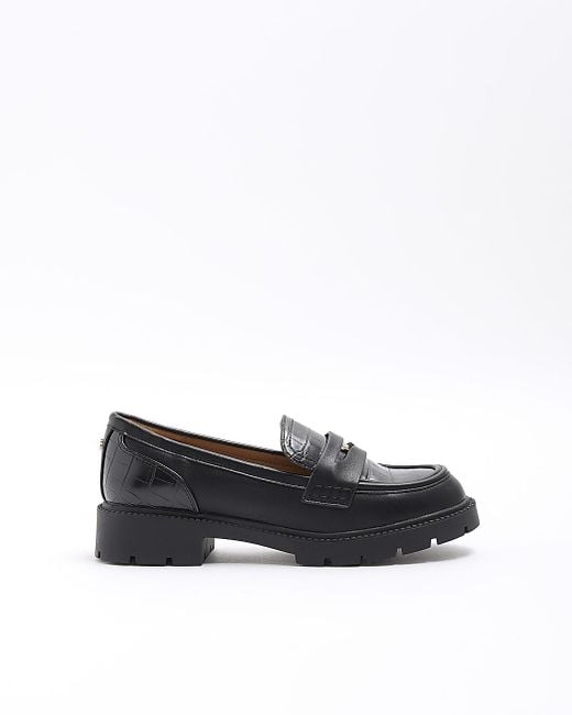 River Island Black Croc Embossed Chunky Loafers