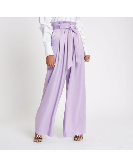 River Island Purple Satin Paperbag Wide Leg Trousers | Lyst Canada