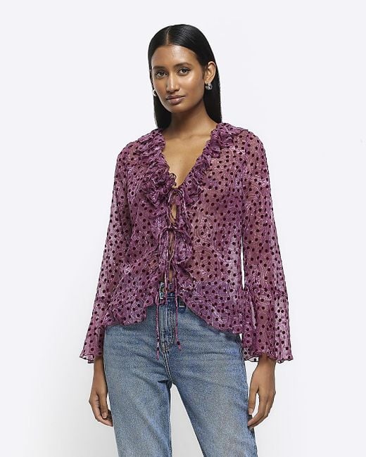 River Island Purple Paisley Frill Tie Up Blouse