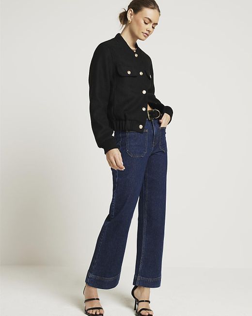 River Island Blue High Waisted Crop Wide Fit Jeans