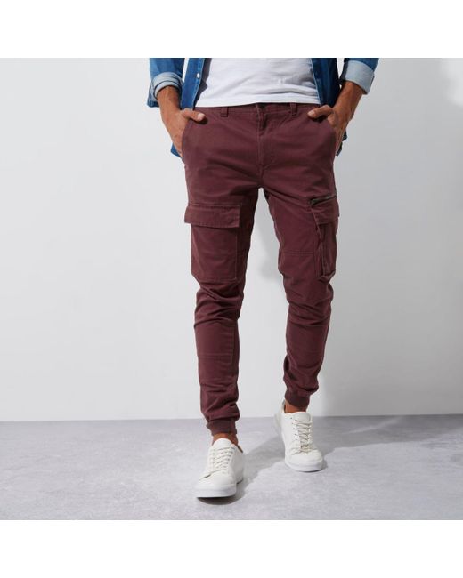 River Island Dark Red Skinny Fit Cargo Trousers for men