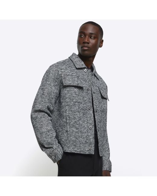 River Island Gray Grey Regular Fit Wool Blend Trucker Jacket for men