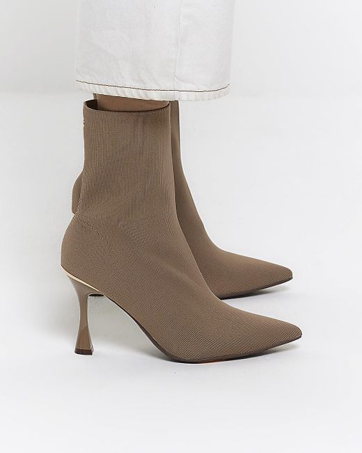 River Island White Beige Knit Heeled Ankle Boots