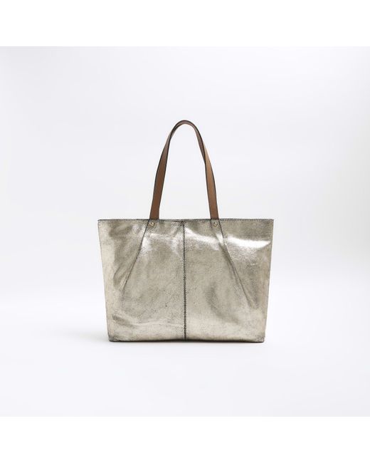 River Island White Gold Metallic Leather Tote Bag