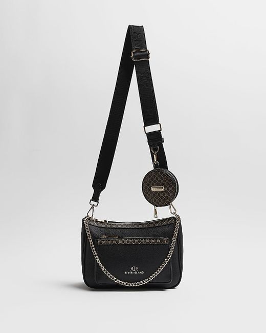 River Island Pocket And Chain Front Monogram Cross-body Bag in Black