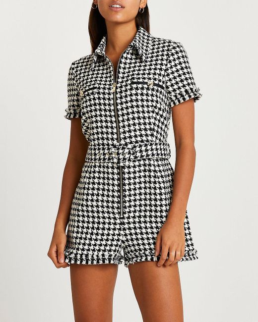 River Island Black Dogtooth Check Boucle Belted Playsuit