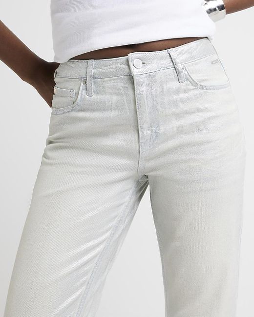River Island White Silver Stove Pipe Straight Coated Jeans