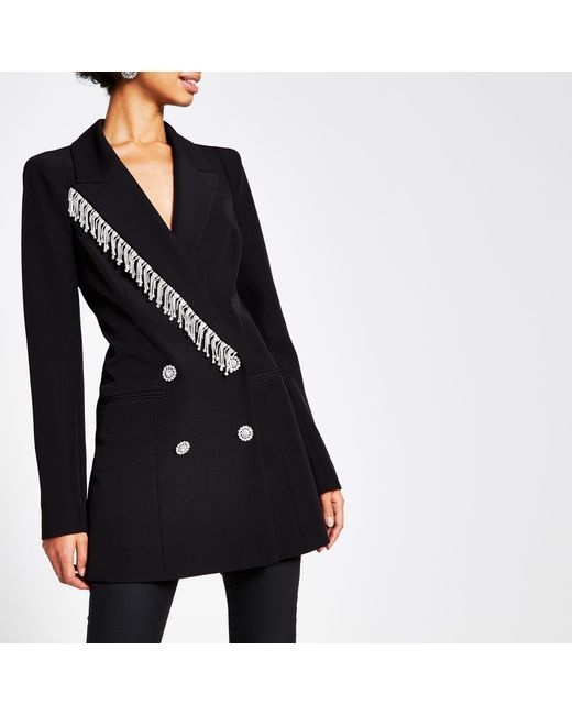 River Island Diamante Fringe Double Breasted Blazer in Black Lyst UK