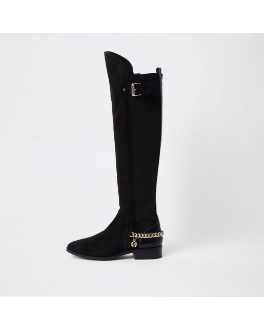 River Island Black Wide Fit Over The Knee Chain Boots