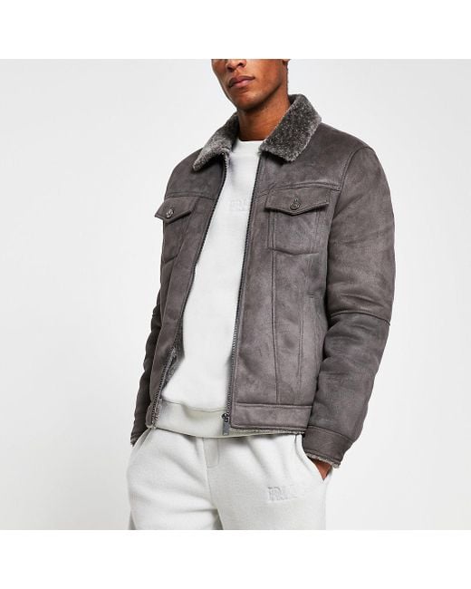 River Island Grey Faux Suede Zip Western Jacket in Gray for Men Lyst