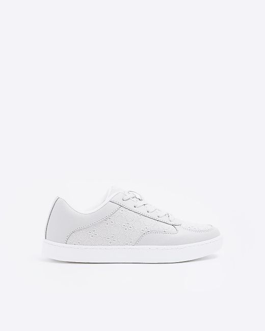 River Island Grey Broderie Lace Up Sneakers in White | Lyst UK