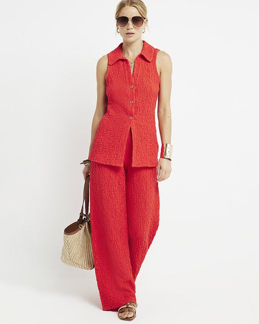 River Island Red Textured Wide Leg Trousers