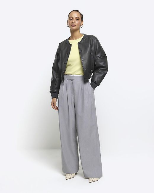 River Island Gray Grey Faux Leather Crop Bomber Jacket