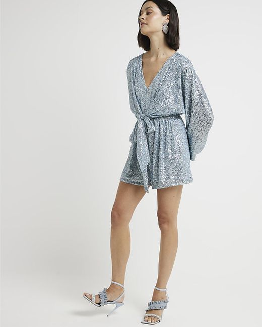 River Island Blue Sequin Knot Playsuit